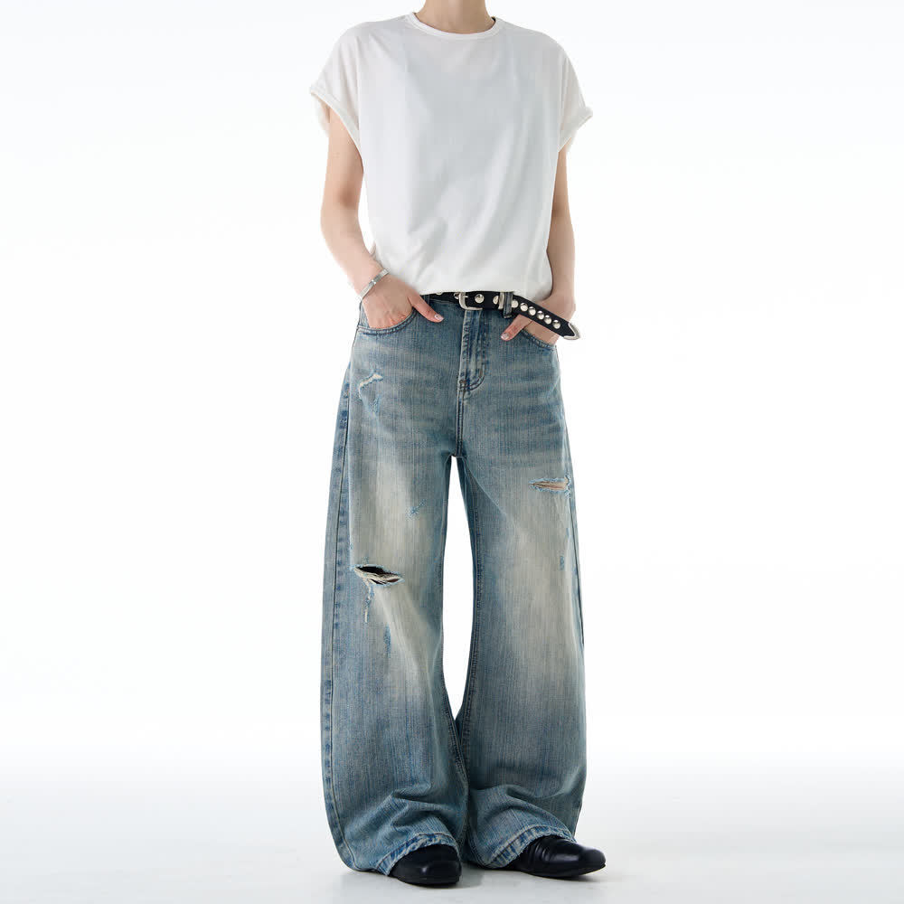 American-style Vintage Distressed Ripped Slub-textured Bootcut Jeans - Image 4