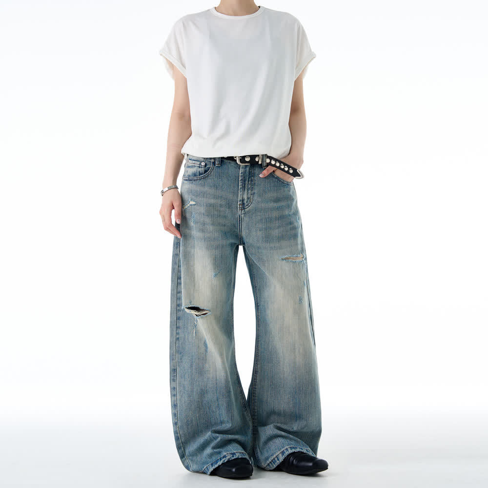 American-style Vintage Distressed Ripped Slub-textured Bootcut Jeans - Image 6