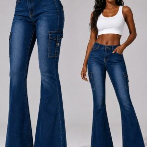 Women's High-quality Stretch Vintage Washed Cargo Flare Jeans, Y2K Style, Casual And Versatile, Suitable For All Seasons