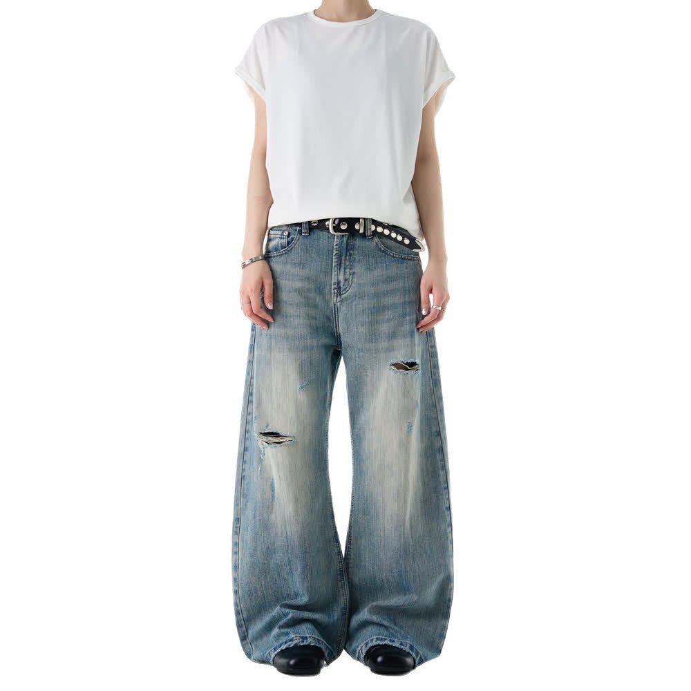 American-style Vintage Distressed Ripped Slub-textured Bootcut Jeans - Image 3