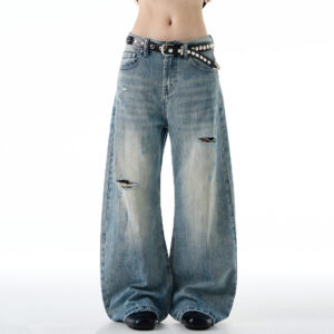 American-style Vintage Distressed Ripped Slub-textured Bootcut Jeans