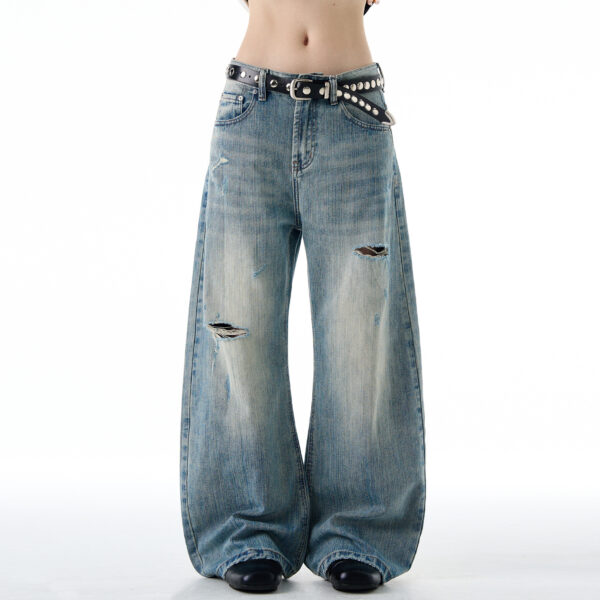 American-style Vintage Distressed Ripped Slub-textured Bootcut Jeans