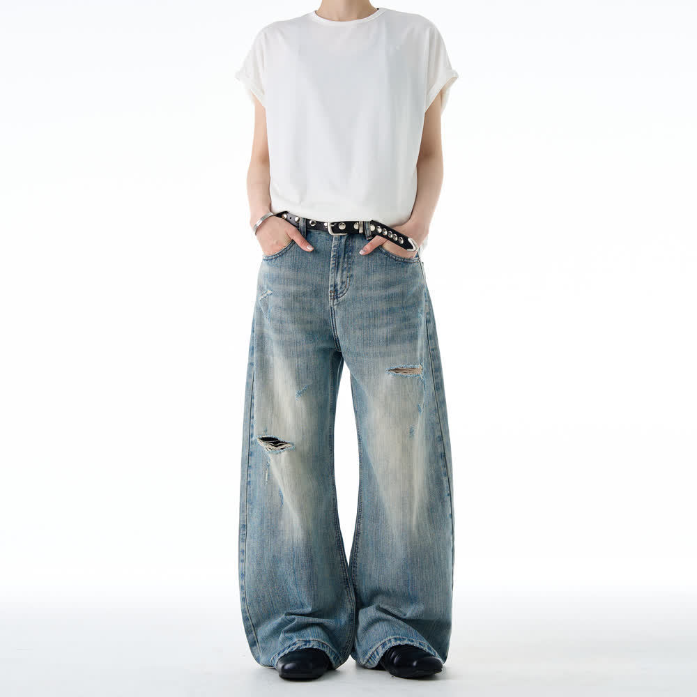 American-style Vintage Distressed Ripped Slub-textured Bootcut Jeans - Image 5